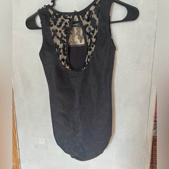 Eurotard Medium Black Metallic Leotard with Mesh Flocked Overlay & Keyhole Back - Picture 3 of 5